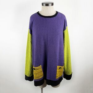 Margaret Winters Sweater XL Green Purpe Colorblock Pockets Knit Top USA Made